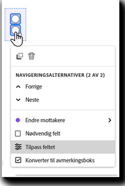 Alternativknapp-feltet med venstreklikk-menyen synlig og Tilpass-feltet uthevet.