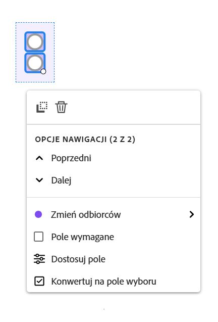 Widok pola z odsłoniętym menu pola po kliknięciu lewym przyciskiem myszy.
