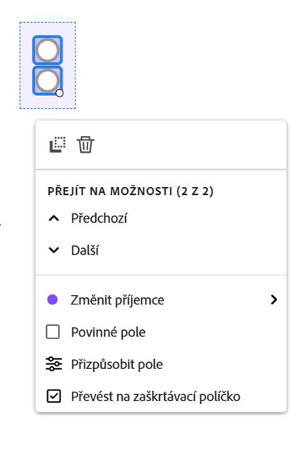 Zobrazení pole se zobrazenou nabídkou po kliknutí levým tlačítkem myši.