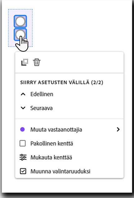 Kentän näkymä, jossa on näkyvissä hiiren vasemman painikkeen kentän valikko.