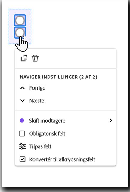 Visning af feltet med feltmenuen ved venstreklik åben.