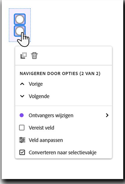 Weergave van het veld met het linkermuisknopmenu zichtbaar.