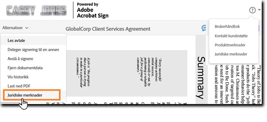 E-signeringssiden viser Alternativer-menyen og spørsmålstegn-menyen med delen Juridiske merknader valgt.