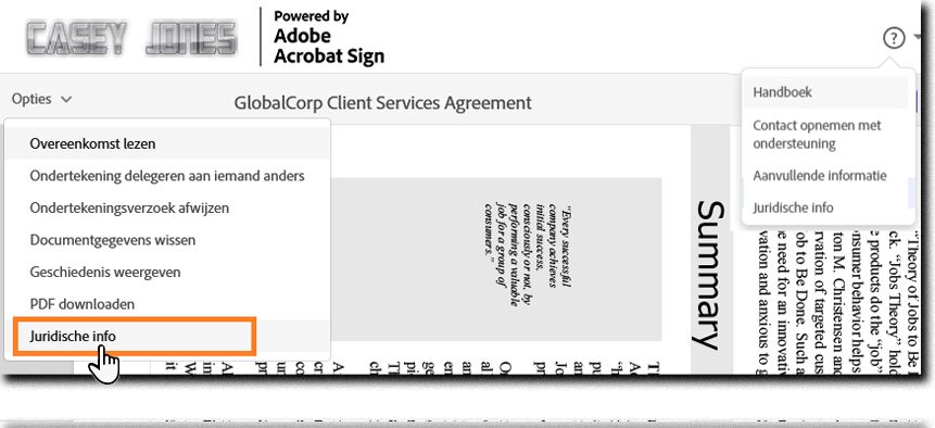 De pagina voor elektronische ondertekening met het menu Opties en het vraagtekenmenu met de optie Juridische kennisgeving gemarkeerd.