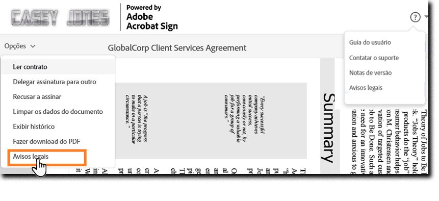 A página para assinar eletronicamente que expõe o menu Opções e o menu de ponto de interrogação com a opção Avisos legais destacada.