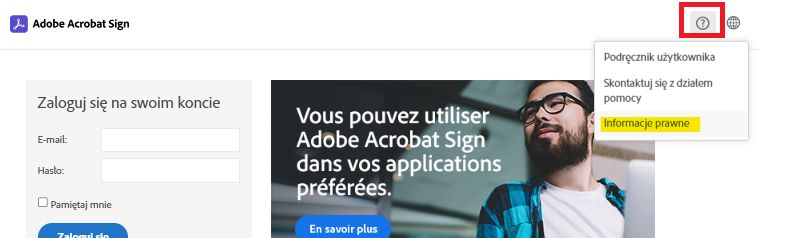 Strona logowania Acrobat Sign z rozwiniętym menu znaku zapytania i podświetloną opcją Informacje prawne.