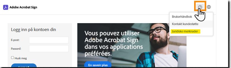 Påloggingssiden for Acrobat Sign med spørsmålstegn-menyen åpen og alternativet Juridiske merknader valgt.