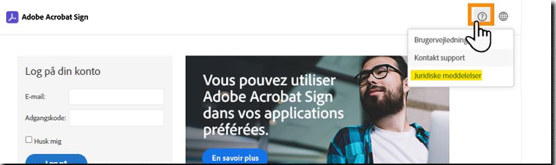 Acrobat Sign-loginsiden med menuen med spørgsmålstegn udvidet, og indstillingen Juridiske meddelelser fremhævet.