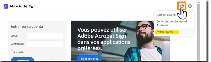 Página de inicio de sesión de Acrobat Sign con el menú de signo de interrogación ampliado y la opción Avisos legales resaltada.