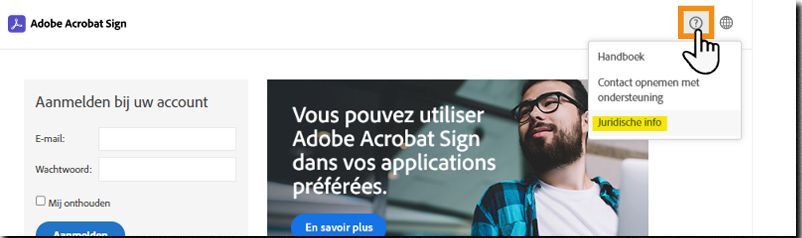 De Acrobat Sign-aanmeldingspagina met het vraagtekenmenu uitgevouwen en de optie Juridische kennisgeving gemarkeerd.