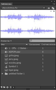 Панель «Библиотека» с выбранным аудиоклипом