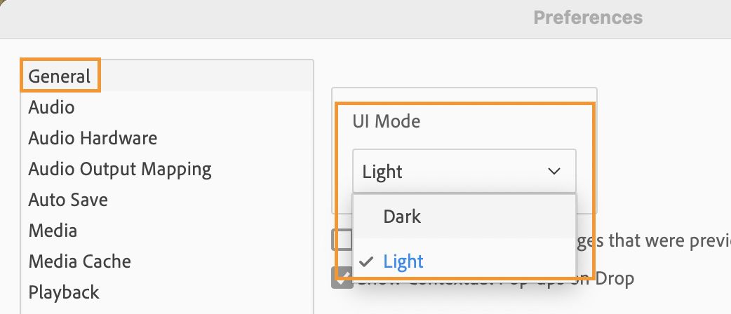 Choose Light or Dark mode in Adobe Premiere Elements.