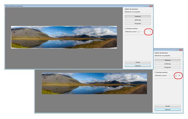 Déformation du contour Lightroom en action ; réglage du curseur de 0 (image du haut) à 100 (image du bas)