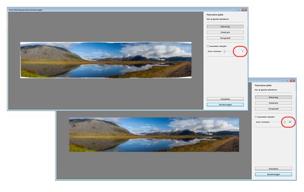 Grens verdraaien in Lightroom in actie: Het aanpassen van de schuifregelaar van 0 (boven) tot 100 (onder)