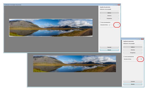 Lightroom Distorção de limites em ação. Ajuste do controle deslizante de 0 (acima) a 100 (abaixo)