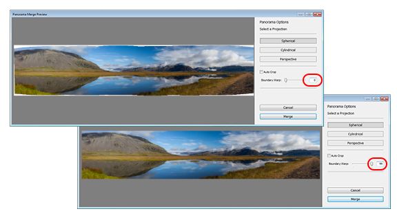 Lightroom: Gränsförvrängning med skjutreglaget vid 0 (ovan) respektive 100 (nedan)
