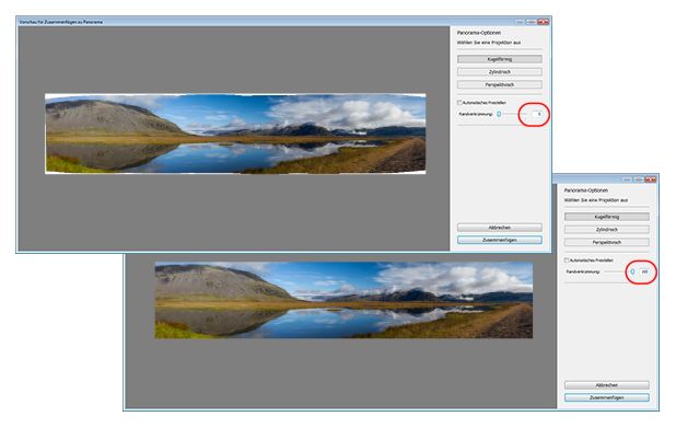 Lightroom Randverkrümmung in Aktion; Einstellung des Reglers von 0 (oben) bis 100 (unten)