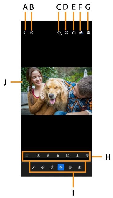 Interfaz de Lightroom mobile que muestra una foto al aire libre de niños que interactúan con un perro, con los controles de ajuste abiertos.
