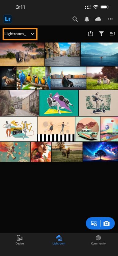 「Lightroom」タブですべての写真ドロップダウンメニューがハイライト表示されています。