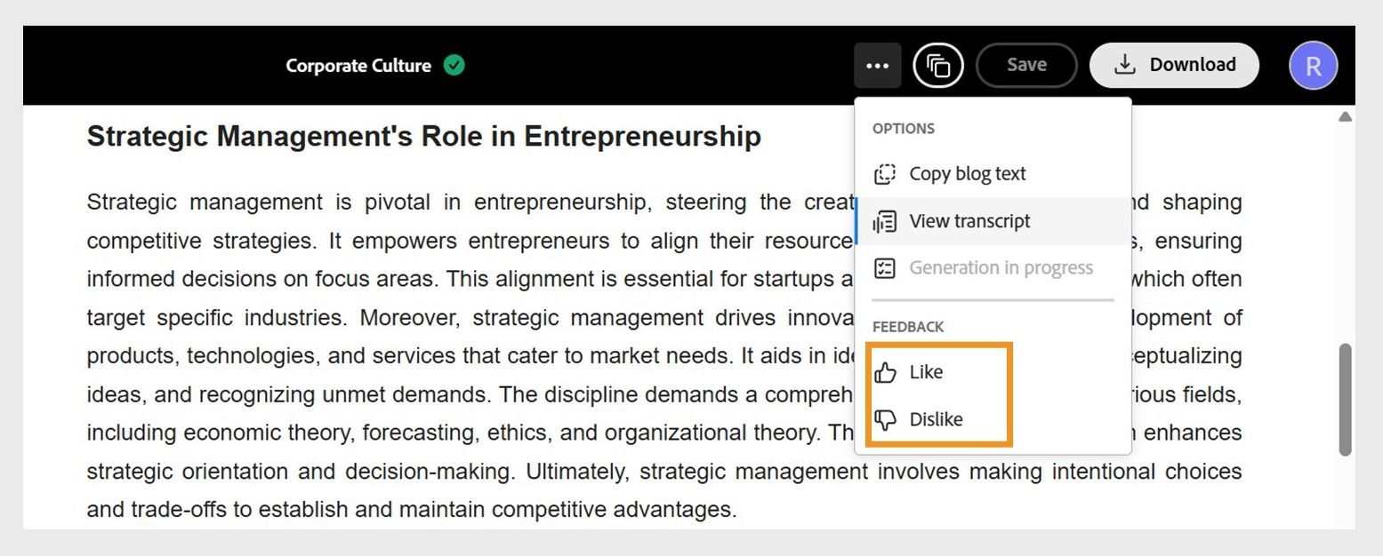 Feedback options for the generated blog