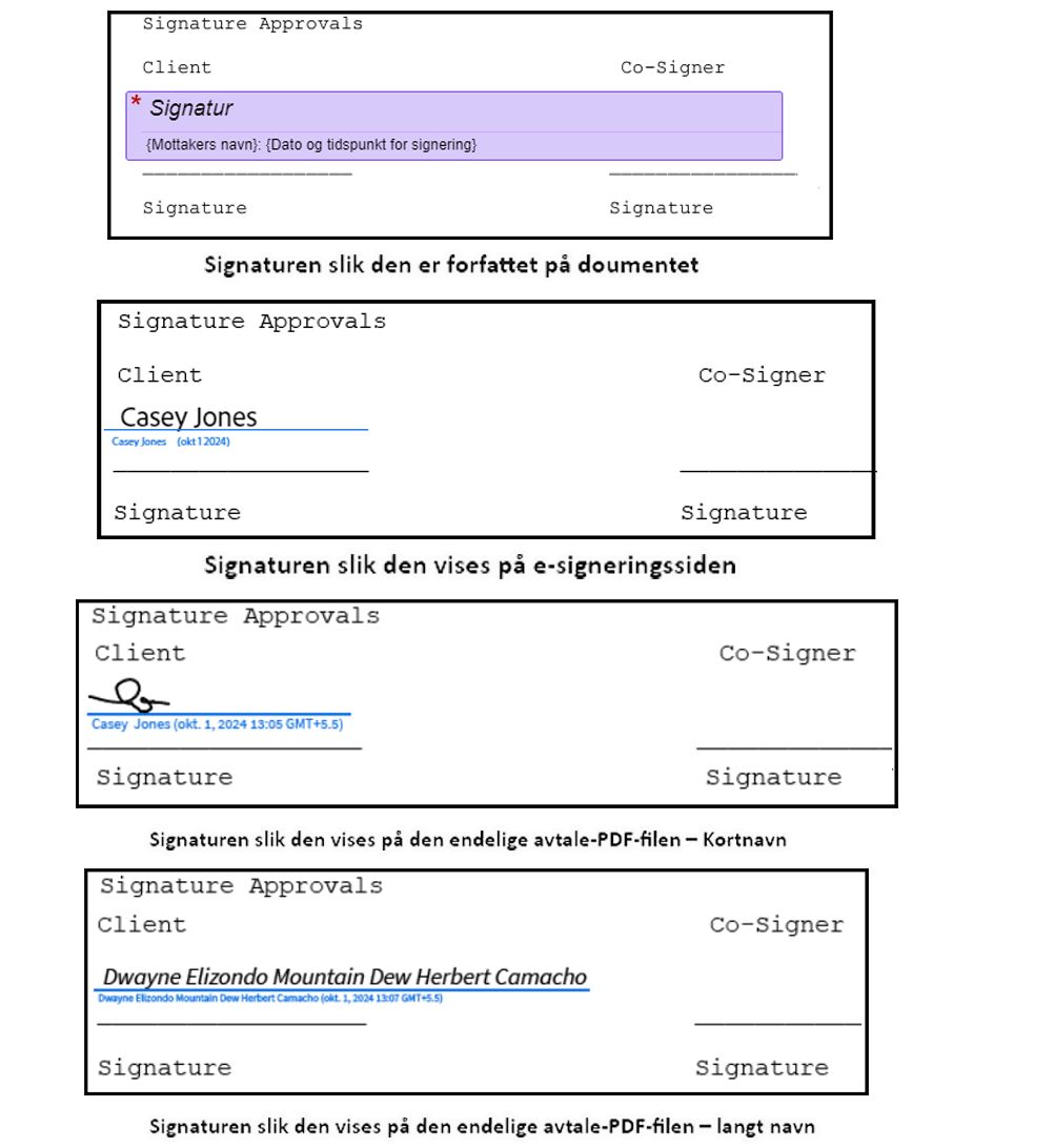 Fire bilder av signaturen: Den første viser feltplasseringen under redigering, den andre viser signaturfeltet på e-signeringssiden, den tredje viser signaturen på den endelige PDF-filen med et kort navn, og den fjerde viser signaturen på den endelige PDF-filen med et langt navn.