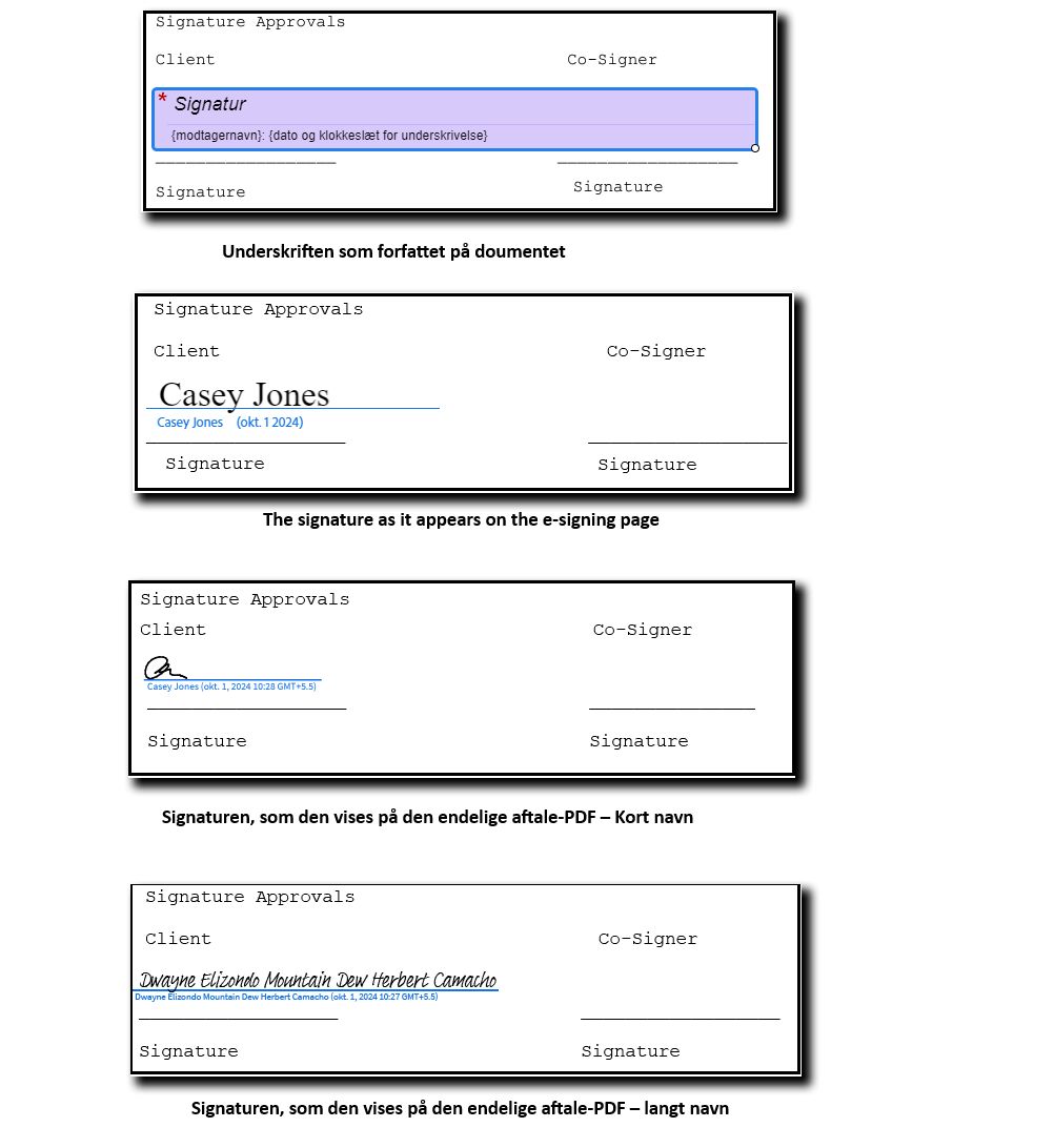 Fire billeder af signaturen: Det første viser feltets placering under oprettelsen, det andet viser signaturfeltet på e-underskrivelsessiden, det tredje viser signaturen på den endelige PDF med et kort navn, og det fjerde viser signaturen på den endelige PDF med et langt navn.