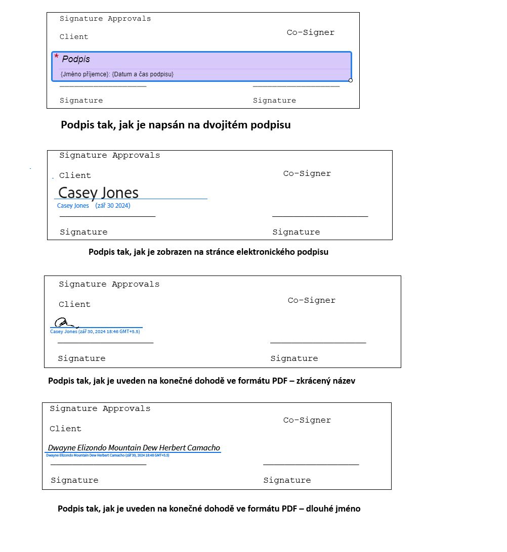 Čtyři obrázky podpisu: První zobrazuje umístění pole během vytváření; druhý zobrazuje pole podpisu na stránce elektronického podpisu; třetí zobrazuje podpis na konečném souboru PDF s krátkým jménem; čtvrtý zobrazuje podpis na konečném souboru PDF s dlouhým jménem.