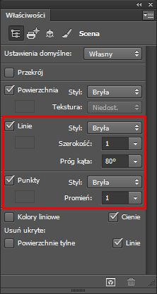 Śledzenie promieni dla linii i punktów w panelu Właściwości w programie Photoshop