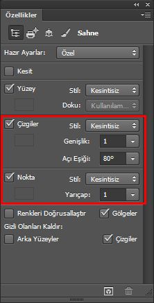 Photoshop Özellikler panelinde çizgi/nokta ışın izleme