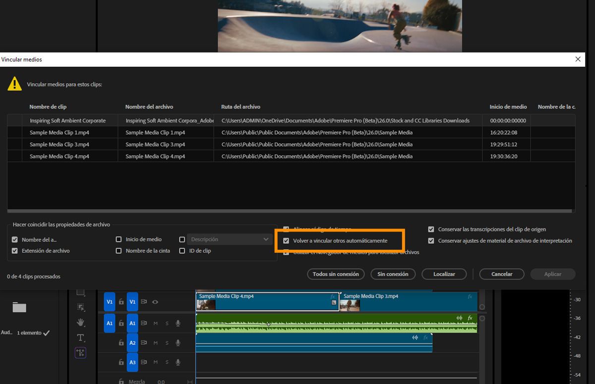 Diálogo Link Media mostrando la opción Relink others automatically habilitada para volver a conectar automáticamente clips sin conexión.