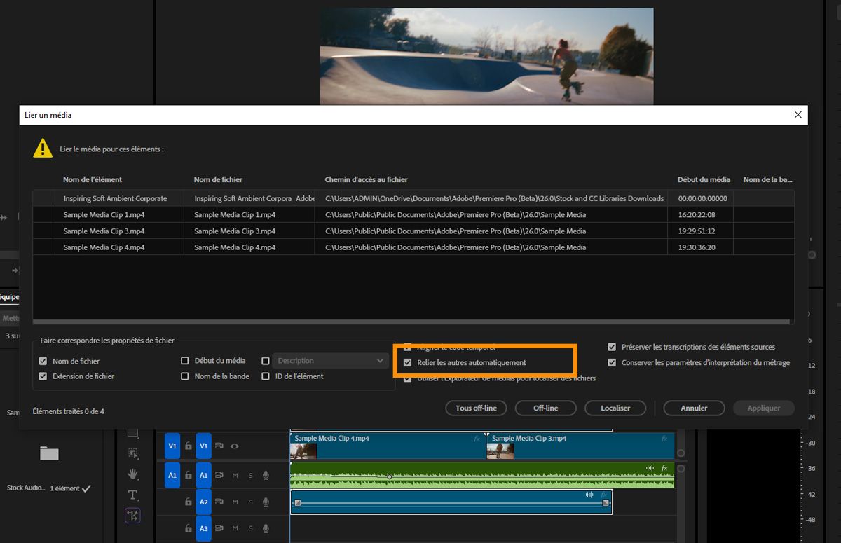 Boîte de dialogue Lier les médias affichant l'option Relier les autres automatiquement activée pour reconnecter automatiquement les clip hors ligne.