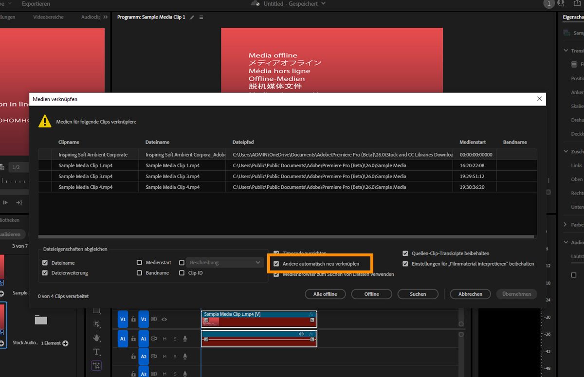 Dialog „Medien verknüpfen" mit der aktivierten Option „Andere automatisch erneut verknüpfen", um Offline-Clips automatisch wieder zu verbinden.