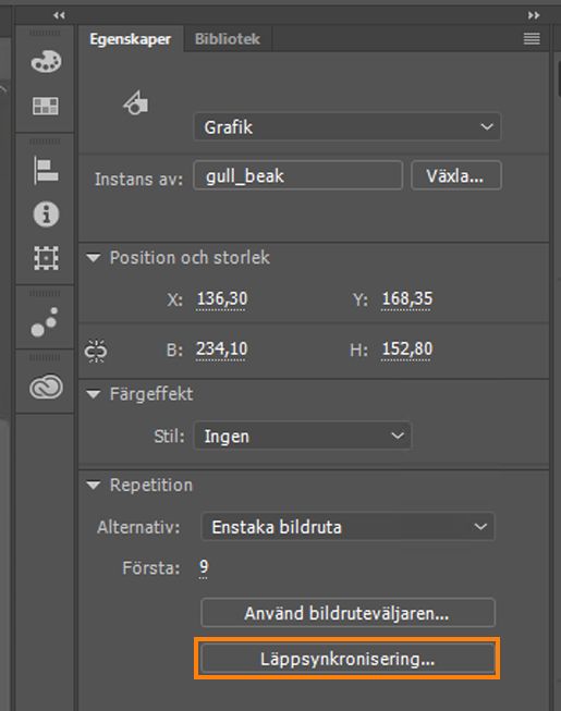 Läppsynkronisering i egenskapsinspektören