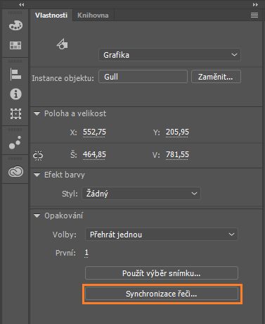 Tlačítko Synchronizace řeči v inspektoru vlastností