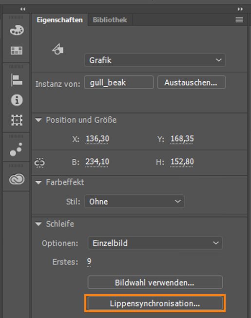 „Lippensynchron“ im Eigenschafteninspektor