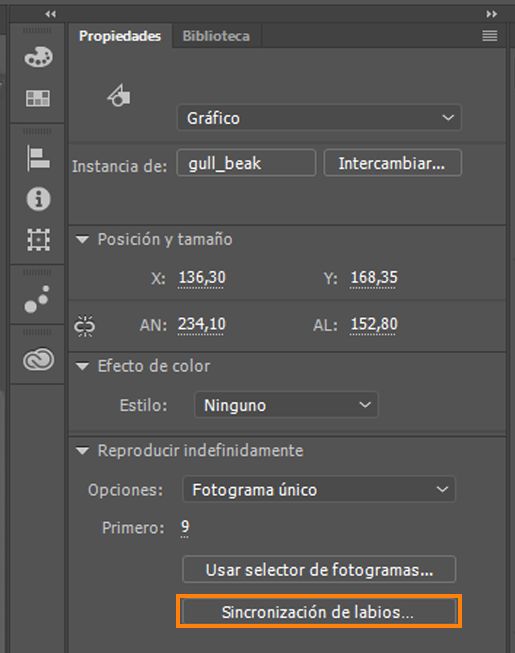 Sincronización de labios en el inspector de propiedades