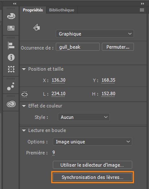 Synchronisation labiale dans l’inspecteur des propriétés