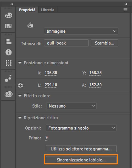 Sincronizzazione labiale nella finestra di ispezione Proprietà