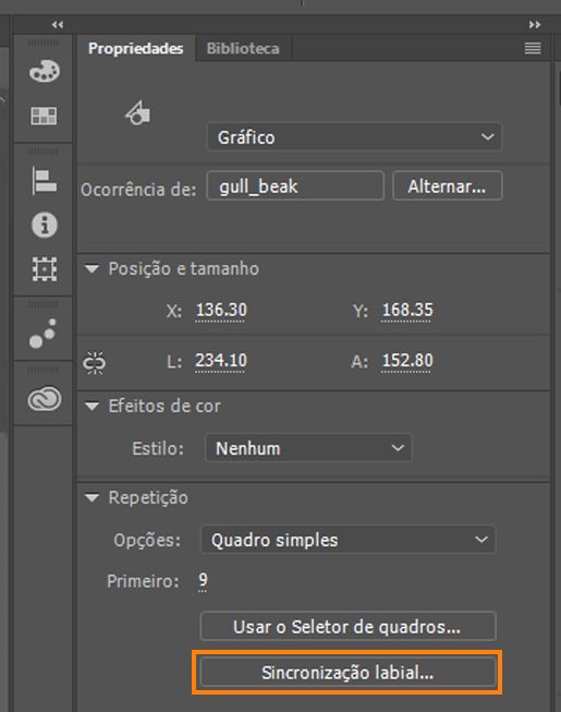 Sincronização labial no inspetor de propriedades