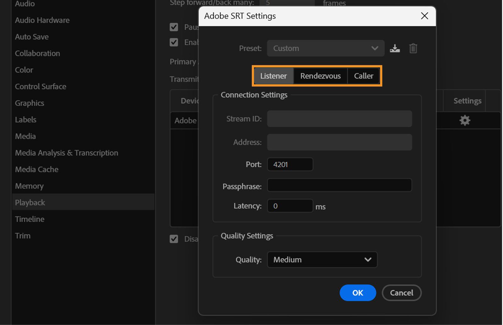 Los modos Listener, Rendezvous y Caller se resaltan en el cuadro de diálogo Configuración SRT de Adobe.