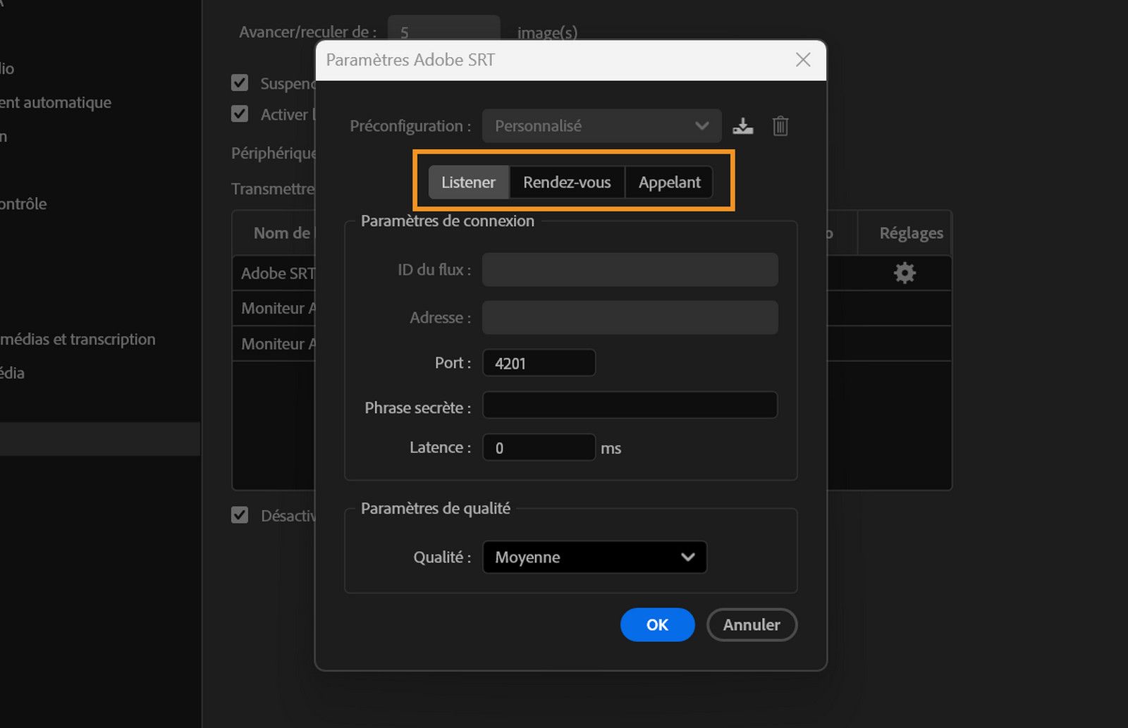 Les modes Listener, Rendezvous et Caller sont mis en évidence dans la boîte de dialogue Paramètres Adobe SRT.