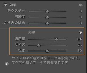 「粒子」セクションが表示されている効果パネルのスクリーンショット（粒子を画像に部分的に適用）。