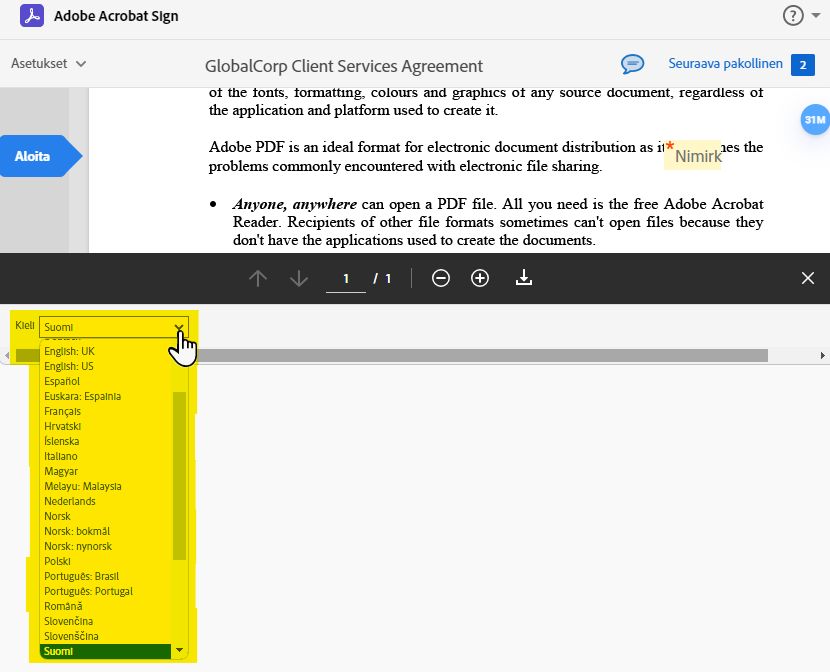 Sähköinen allekirjoitussivu, jolla laajennettuna ja korostettuna avattava kielivalikko.