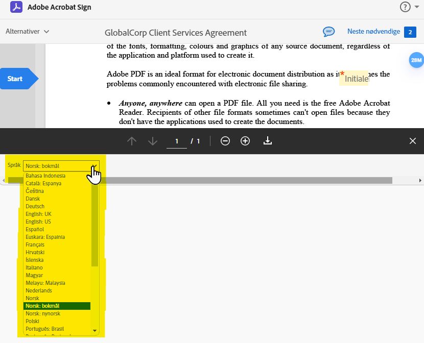E-signeringssiden med rullegardinmenyen for språk åpen og uthevet.