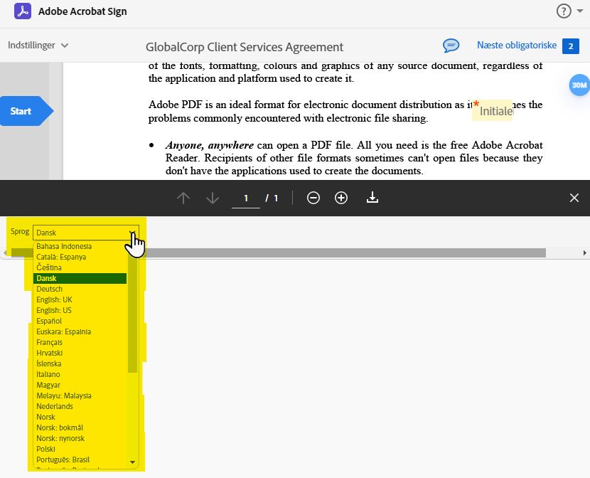 Siden e-underskriv med rullelisten Sprog udvidet og fremhævet.