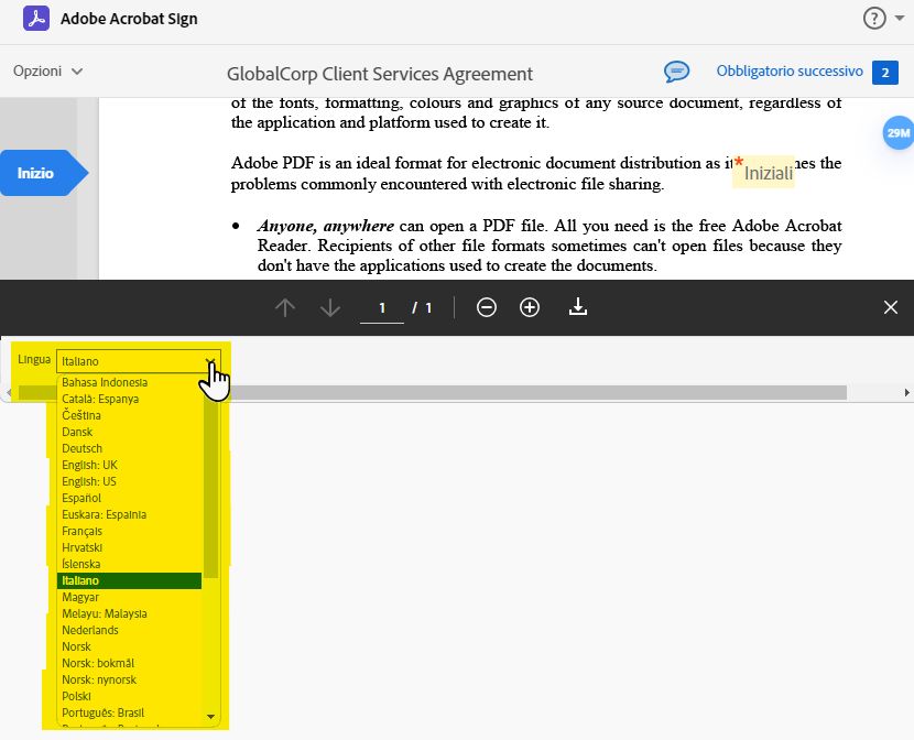 Pagina di firma elettronica con il menu a discesa delle lingue espanso ed evidenziato.