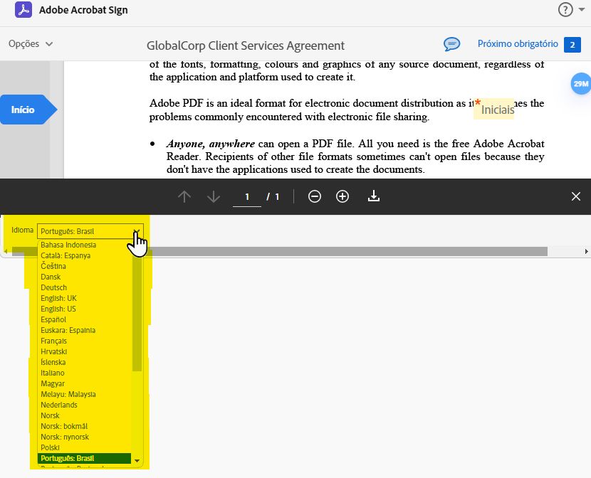 A página de assinatura eletrônica com o menu suspenso de idiomas expandido e realçado.