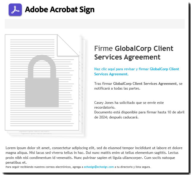 Nouvel e-mail localisé « Vérifier et signer » (en espagnol).