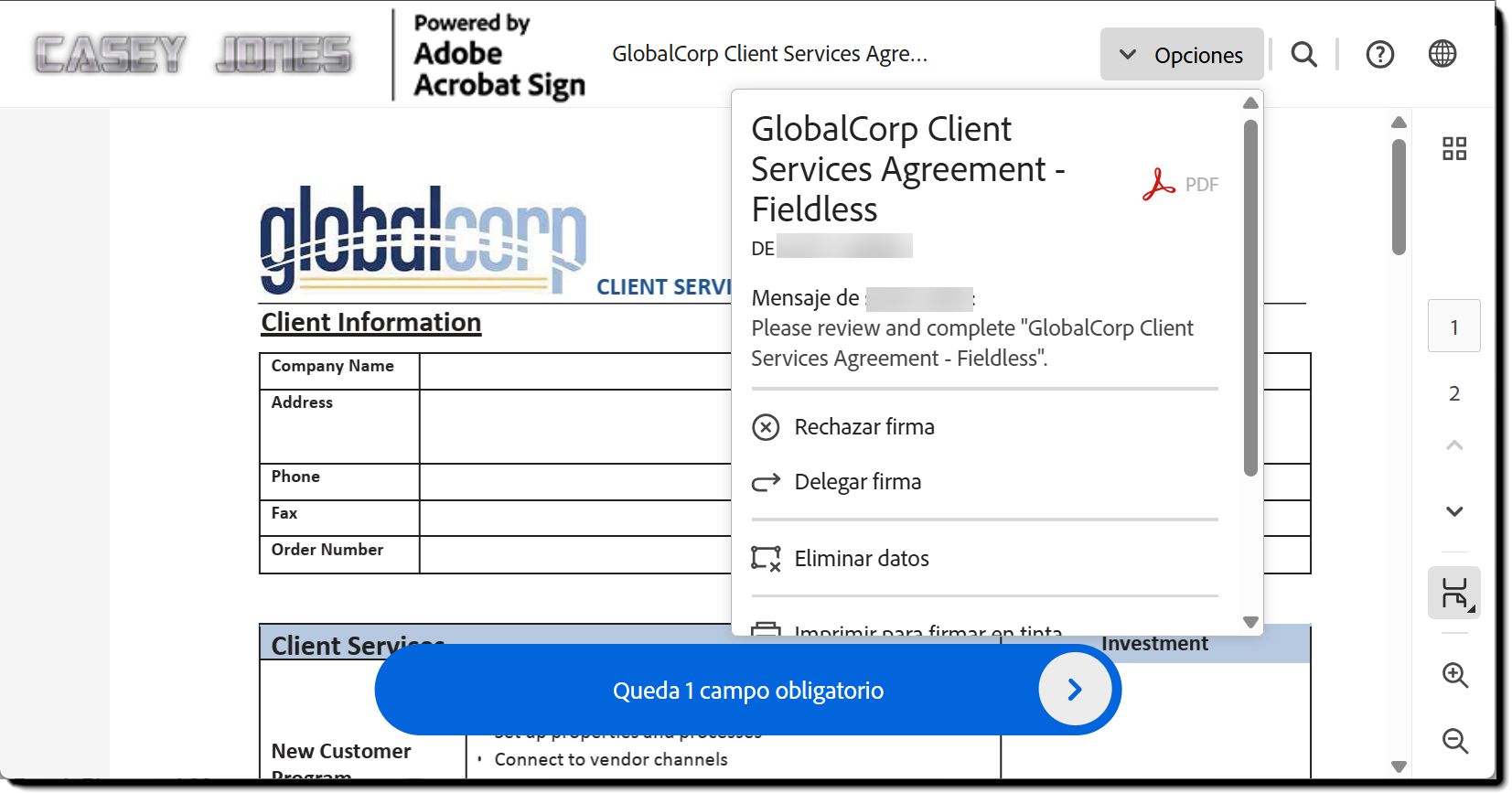 Die E-Signatur-Seite mit der aktualisierten Lokalisierung (Spanisch)