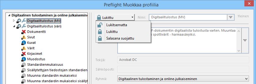 Lukitun Preflight-profiilin lukituksen poistaminen